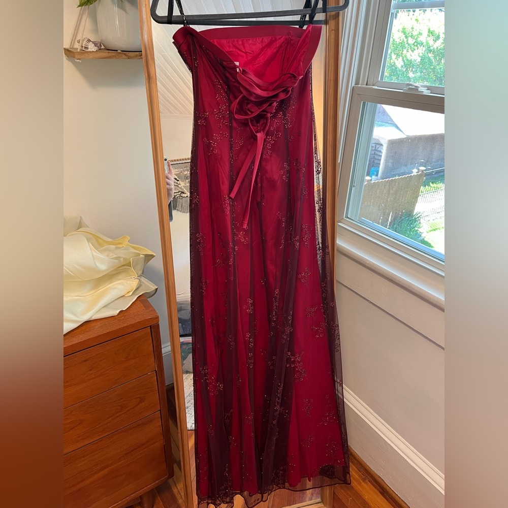 Strapless Red Evening Gown with Glitter Overlay - Picture 2 of 5